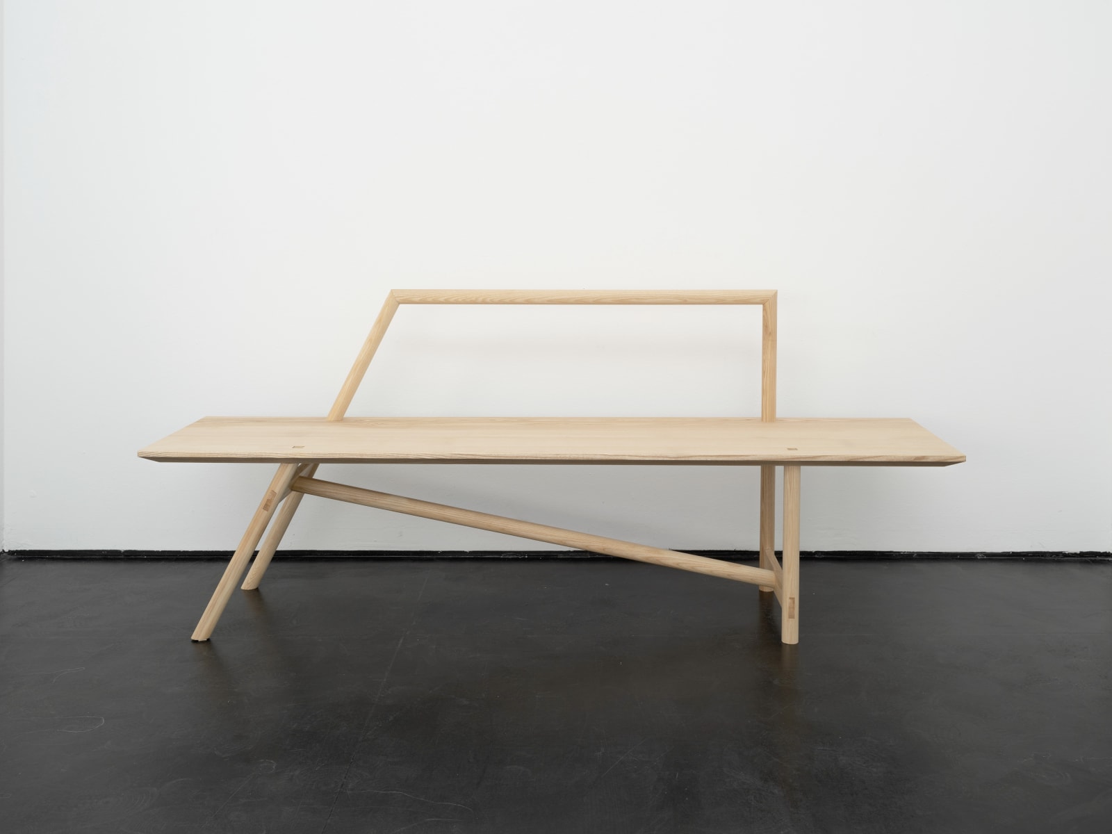 bench made of ash wood Rindon Johnson Clattering, 2021 Stained glass work (3 panels) and ash wood bench Glass work: 360 x 158 cm 141 3/4 x 62 1/4 inches Bench: 200 x 49 x 80 cm 78 3/4 x 19 1/4 x 31 1/2 inches