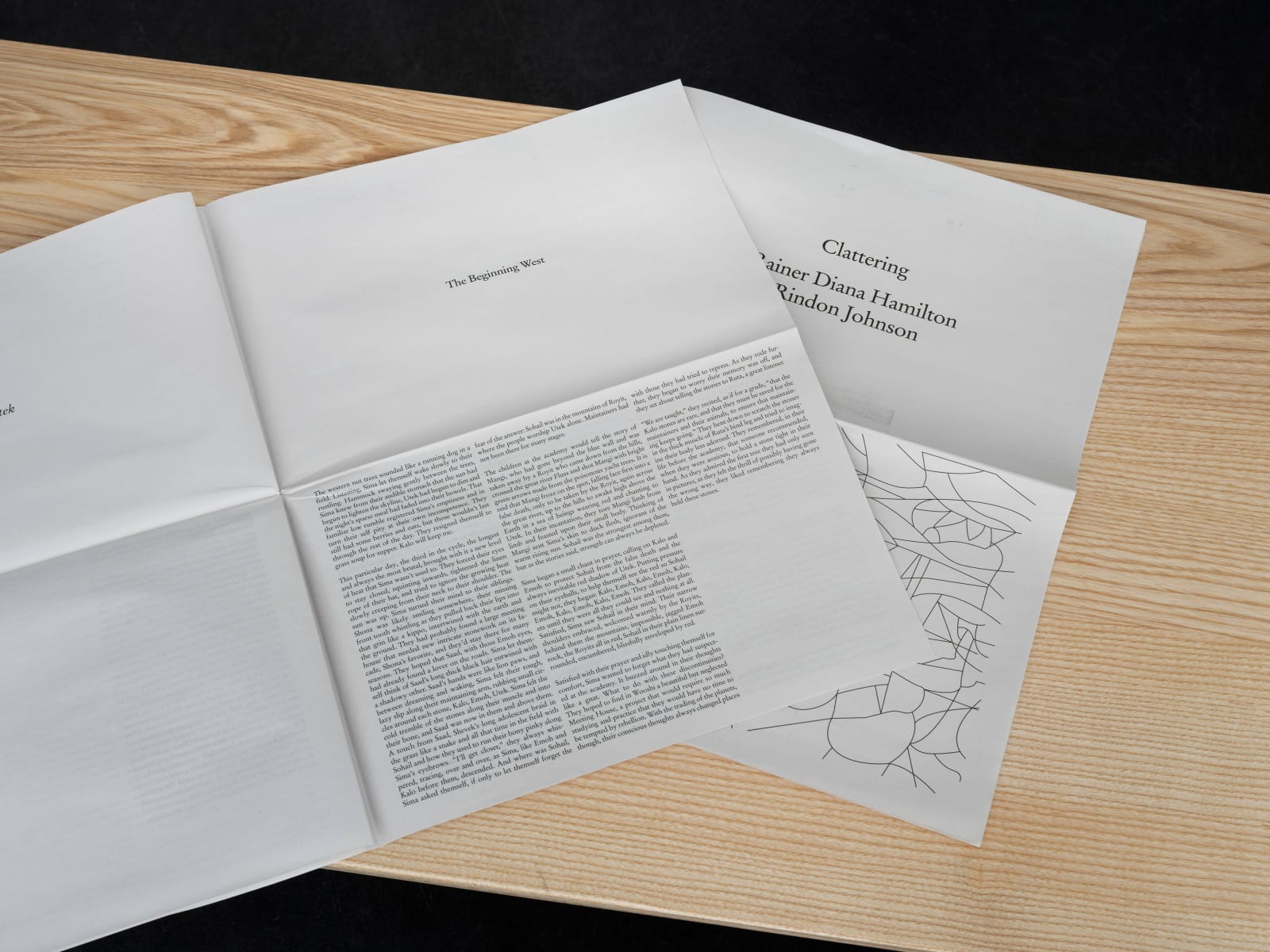 Newspaper style publication of the novella Clattering on a bench made of ash wood Rindon Johnson Clattering, 2021 Stained glass work (3 panels) and ash wood bench Glass work: 360 x 158 cm 141 3/4 x 62 1/4 inches Bench: 200 x 49 x 80 cm 78 3/4 x 19 1/4 x 31 1/2 inches