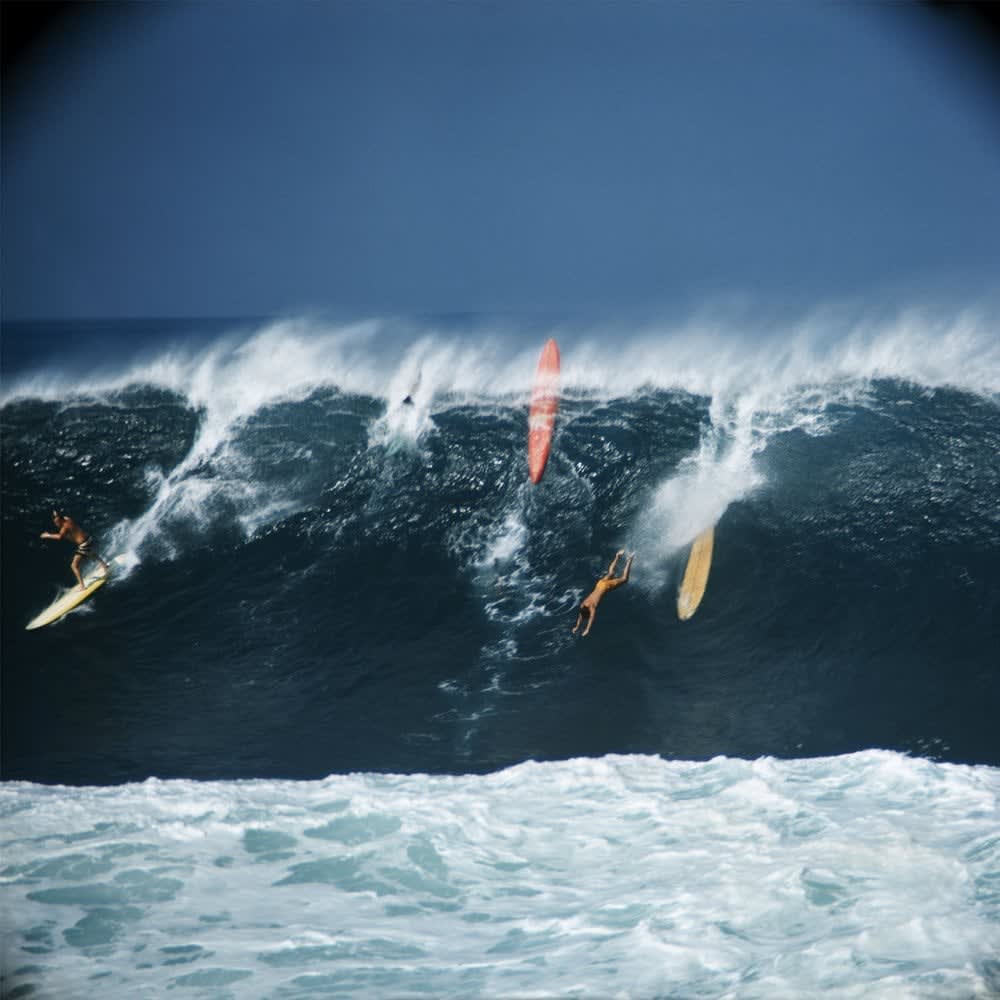 LeRoy Grannis, Greg Noll, Eddie Aikau & Bobby Cloutier, Waimea Bay, 1966