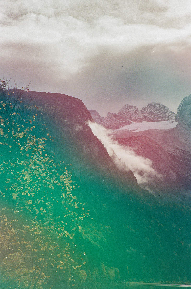 Malika Sqalli, Dachstein from Gosausee, in green and Pink attire, 2024