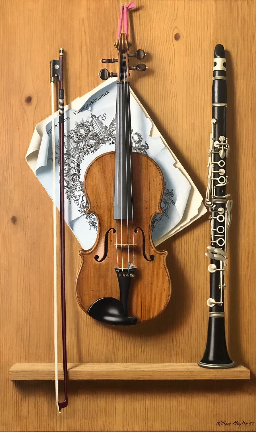 William Clayton, Trompe l’oeil of a Violin and Clarinet on a Shelf