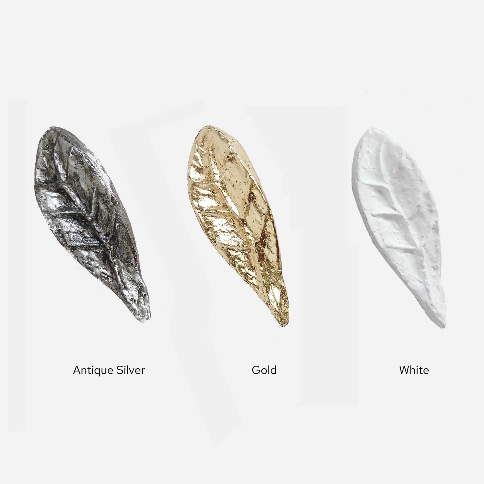 Colour samples: Antique Silver, Gold, White
