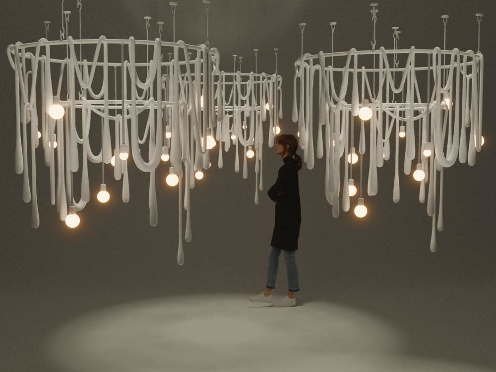 Olga Engel, Love Letters chandelier medium, bulbs on the upper ring, 2023