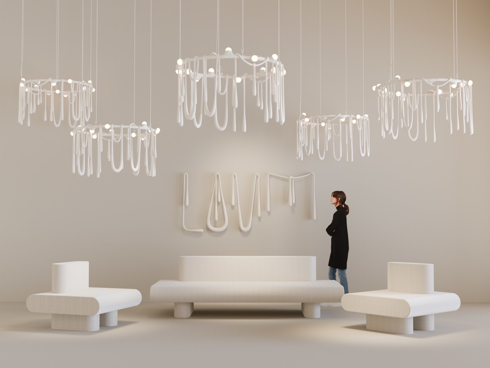 Olga Engel, Love Letters chandelier medium, bulbs on the upper ring, 2023