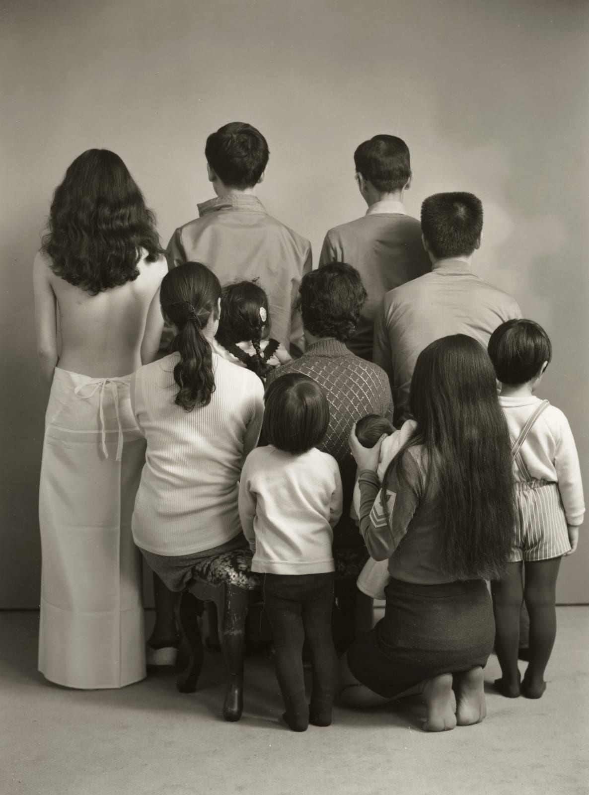 Masahisa Fukase, Family, To the far left is a student actor named O, my brother Toshiteru, my father Sukezo, my sister’s husband Hisashi Daikouji. From the bottom left: my brother’s wife Akiko, and my sister’s eldest son Manabu, my mother Mitsue, my brother’s eldest daughter Kyoko, my sister Kanako and my brother’s eldest son Takuya, 1972