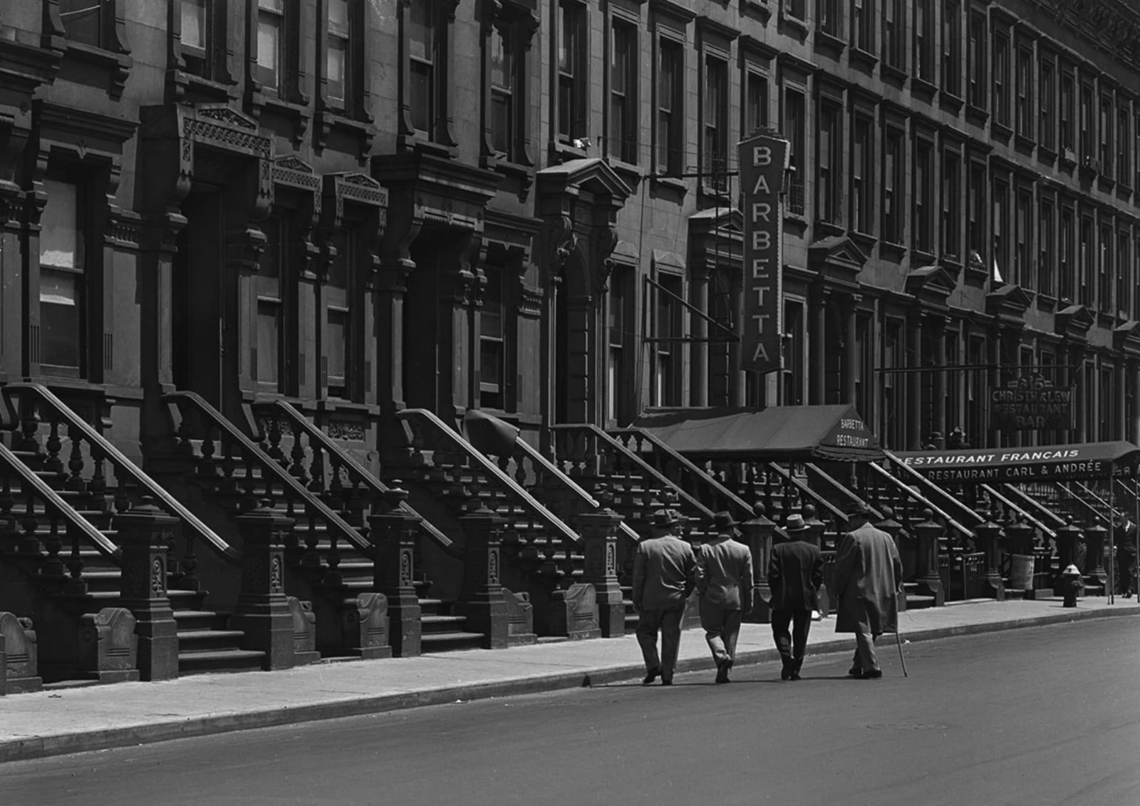 Todd Webb, 46th St., NY (Four men walking towards Barbetta), 1946
