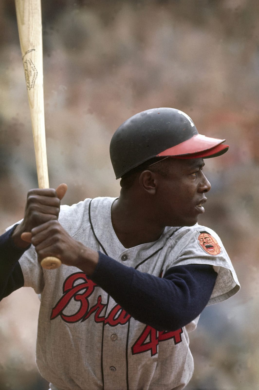 Neil Leifer, Closeup of Milwaukee Braves outfielder Hank Aaron at bat against the Los Angeles Dodgers at Dodger Stadium. Los Angeles, Californi, 1964
