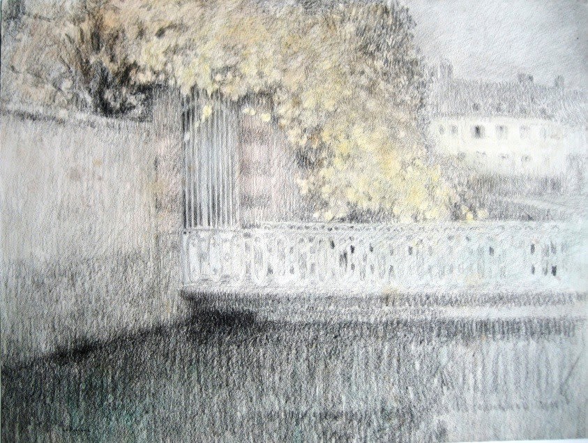 Henri Le Sidaner (1862-1939), A bridge over a stream to an entrance of a garden, La Passerelle, Gisors, 1904