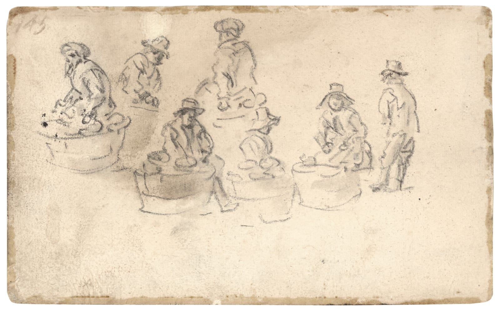 Jan van Goyen (1596 – 1656), Amsterdam: windmill on a dike on the right river bank (recto) Seven merchants with wire baskets and a man on the right (verso), 1651