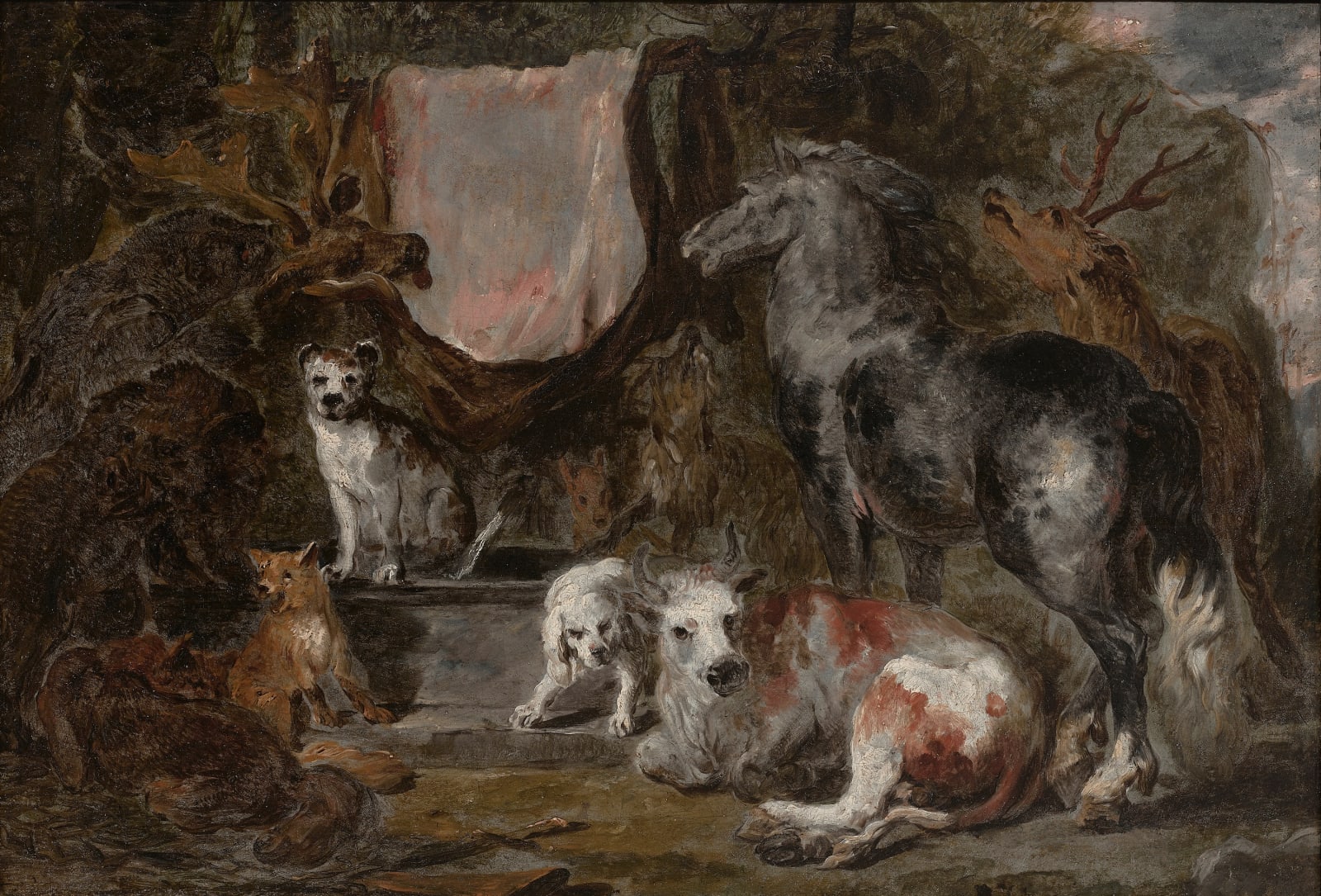 Jan Fyt (1611-1661), A horse, an ox, dogs, a boar, stags, a goat and foxes, 1640s