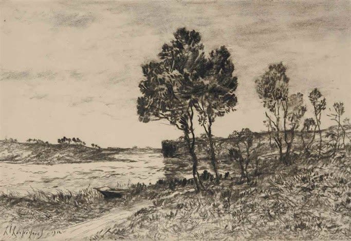 Henri Joseph Harpignies (1819-1916), Chemin arbore le long du rivage, une barque amarrée au premier plan, 1912