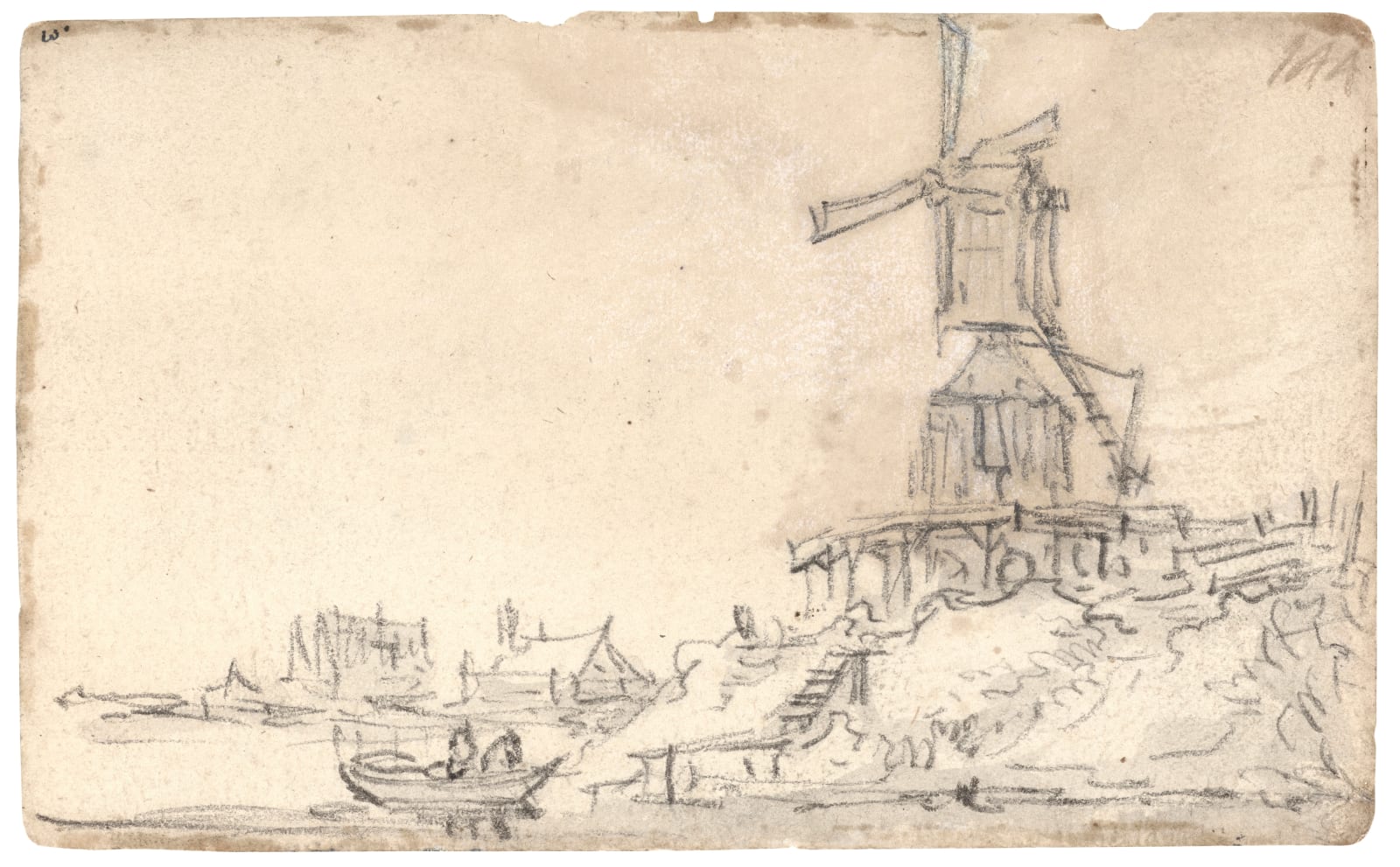 Jan van Goyen (1596 – 1656), Amsterdam: windmill on a dike on the right river bank (recto) Seven merchants with wire baskets and a man on the right (verso), 1651