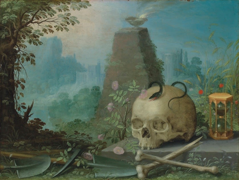 Antwerp School (17th century), A skull with a snake, an hour-glass, a scythe and flowers before a pyramid and a sacrifical bowl in an Arcadian landscape