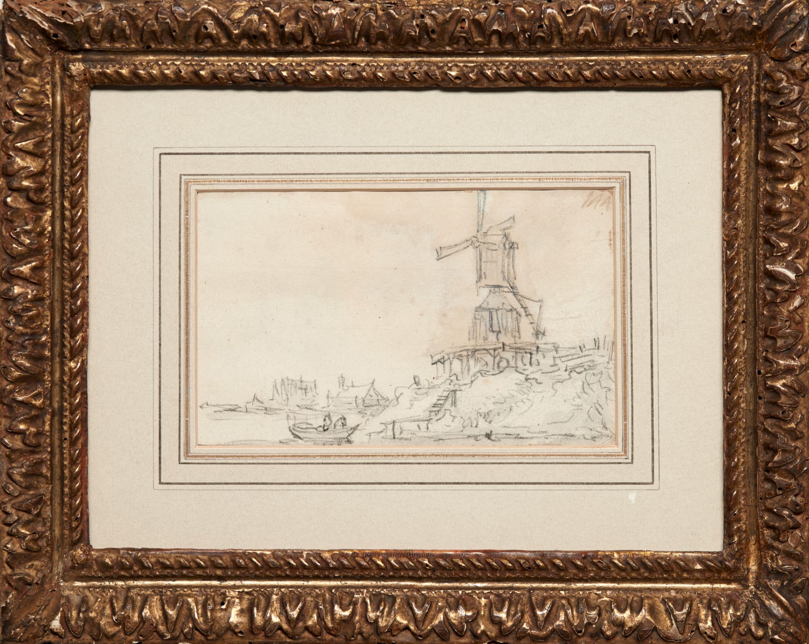 Jan van Goyen (1596 – 1656), Amsterdam: windmill on a dike on the right river bank (recto) Seven merchants with wire baskets and a man on the right (verso), 1651