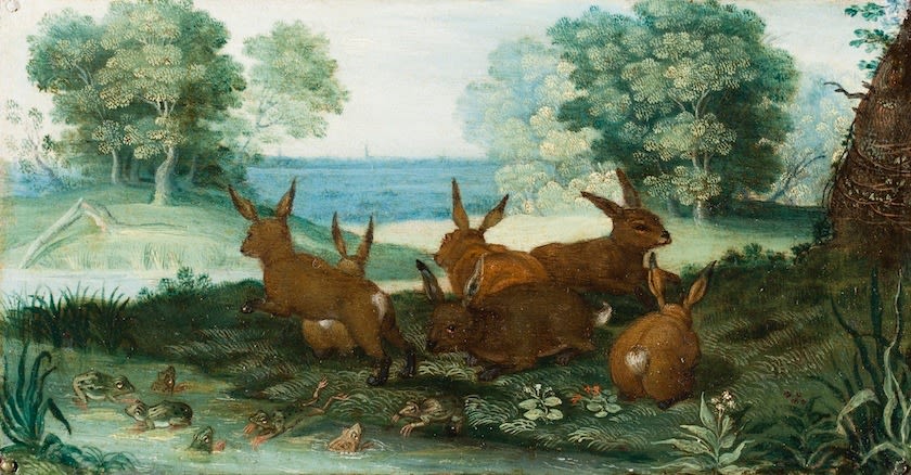 Flemish School (early 17th century), Hares and Frogs in a Landscape