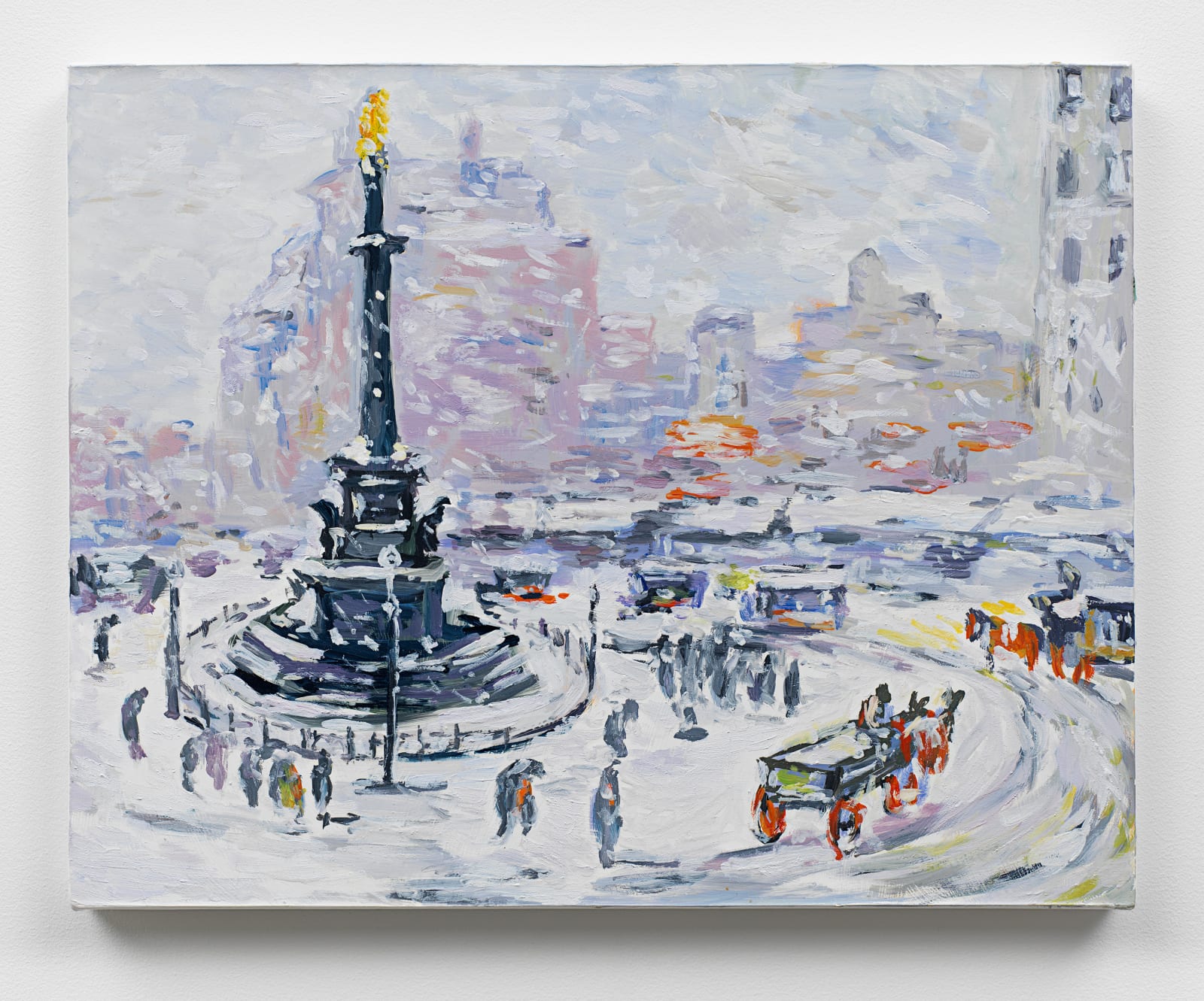 Karen Kilimnik the gold statue, Columbus Circle, winter, snowstorm in N.Y., guy wiggins