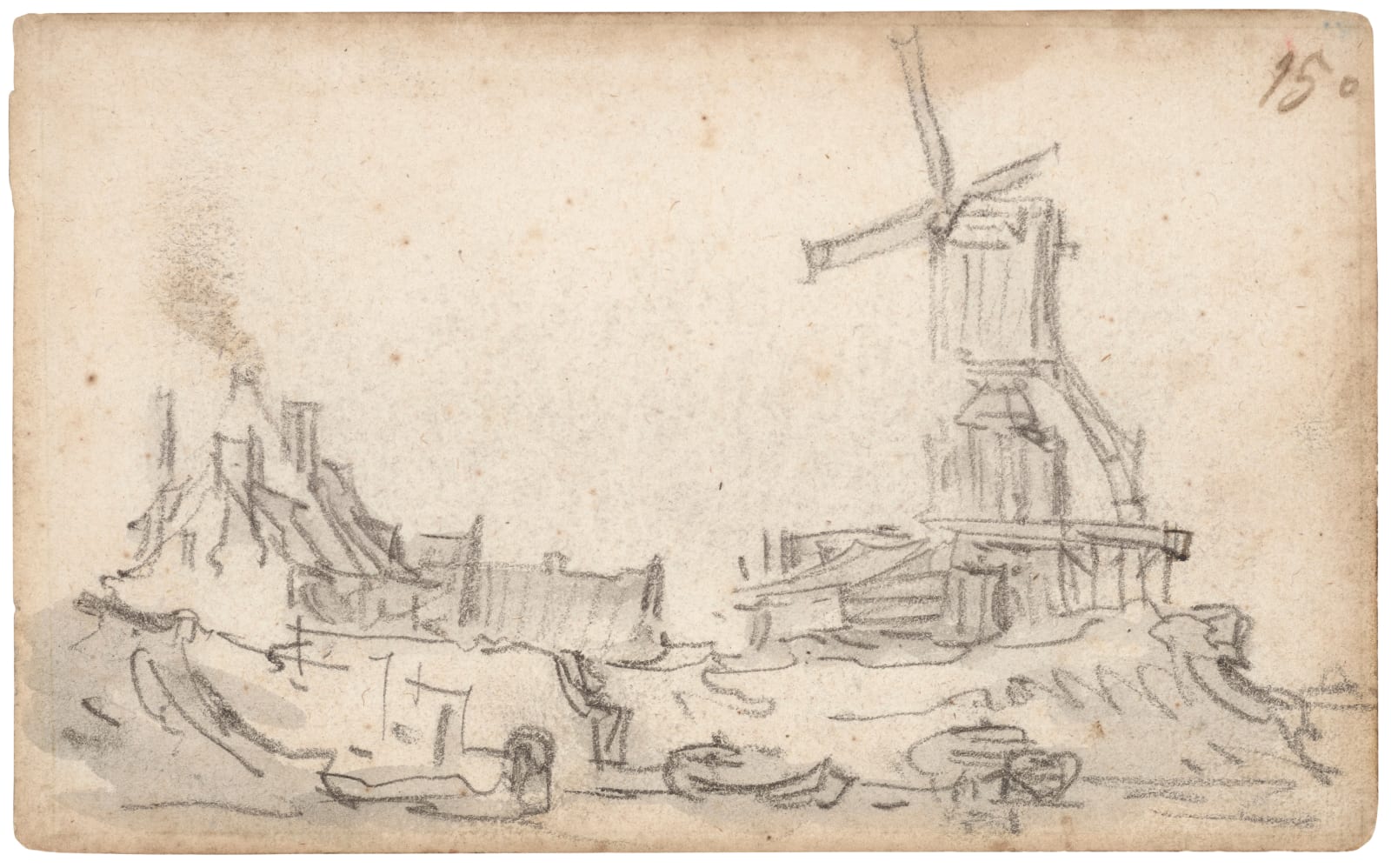 Jan van Goyen (1596 – 1656), Amsterdam: windmill on a high dike with barns and a boat, 1651