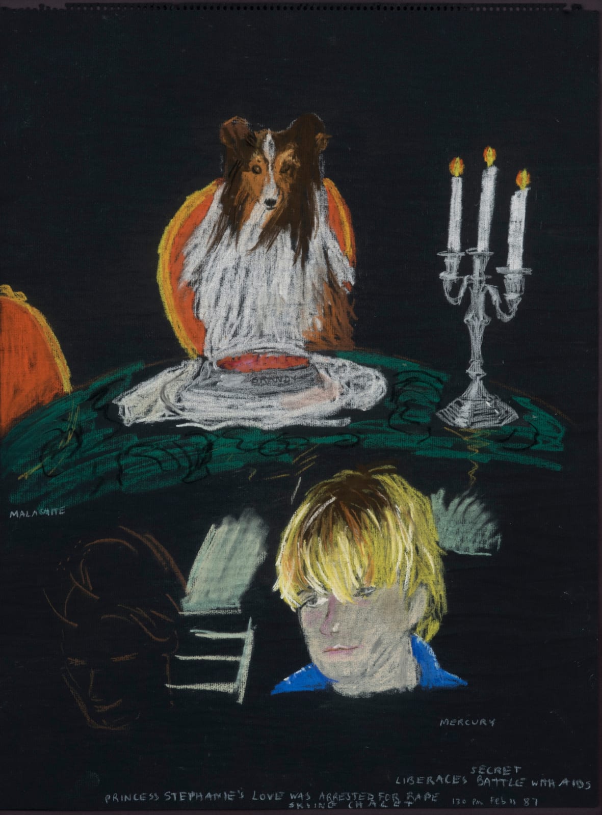 Karen Kilimnik, Dinner at the Liberaces or one of Liberaces beloved pets eating dinner without him enquirer photo back entrance LA club, 1987