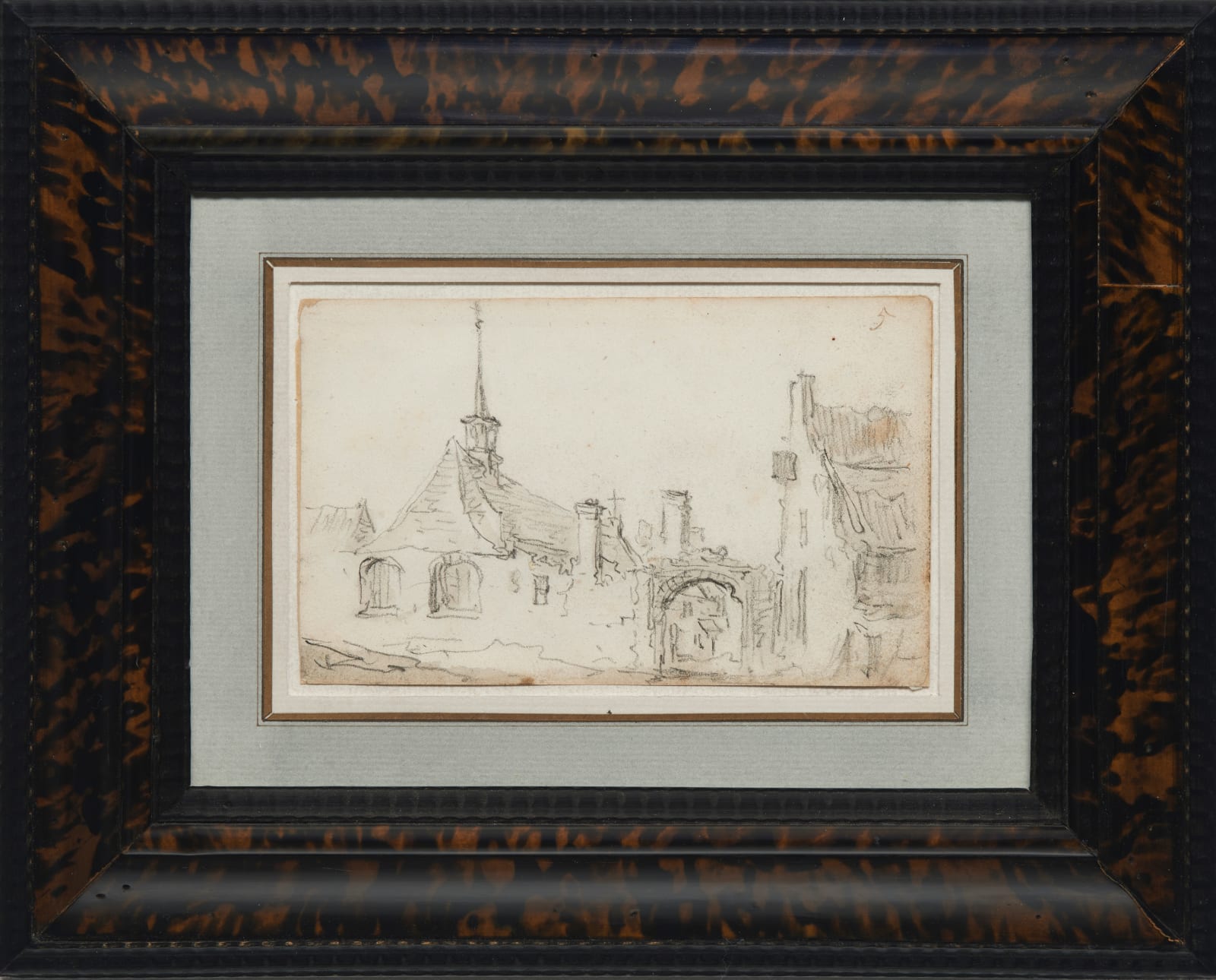 Jan van Goyen (1596 – 1656) Village church with turret, arched gateway and a house, 1650