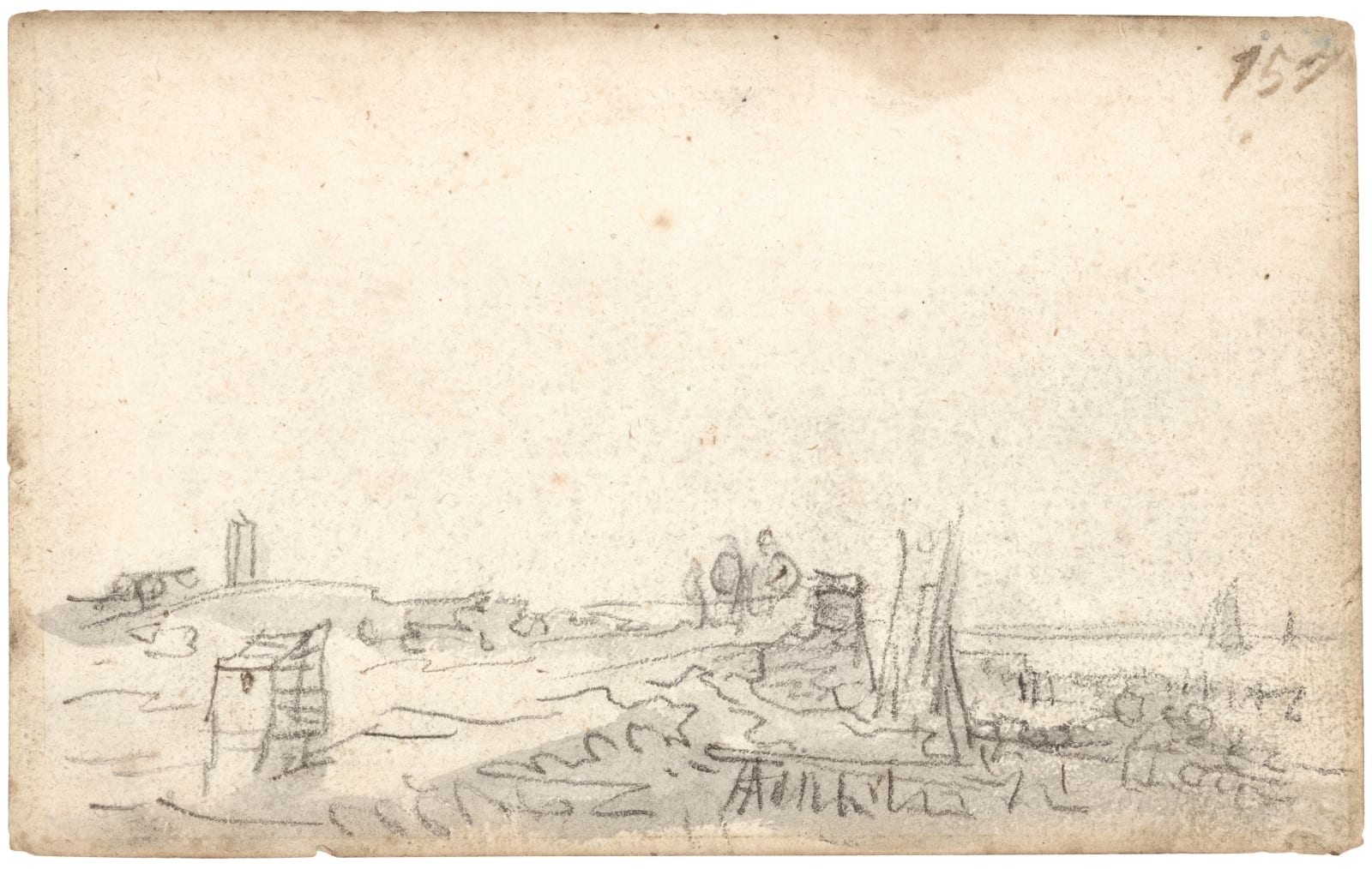 Jan van Goyen (1596 – 1656), Amsterdam: along a coastline with sailing vessels in the distance, 1650-1651