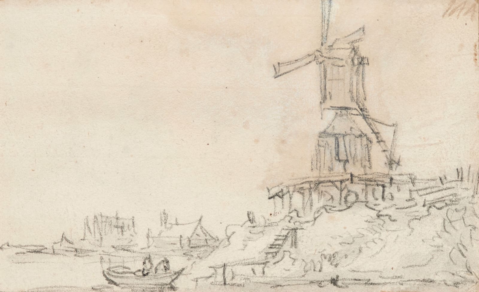 Jan van Goyen (1596 – 1656), Amsterdam: windmill on a dike on the right river bank (recto) Seven merchants with wire baskets and a man on the right (verso), 1651