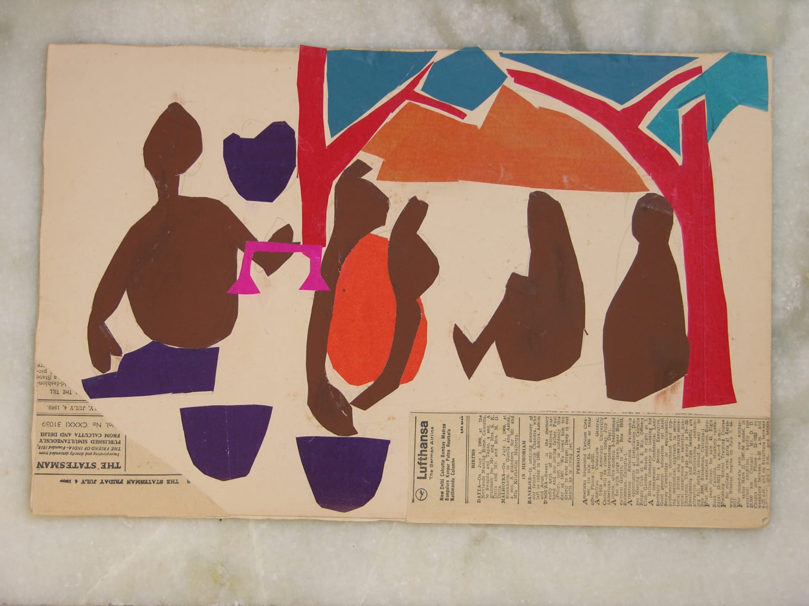 Benode Behari Mukherjee, Figure with Two Red Trees, 1969