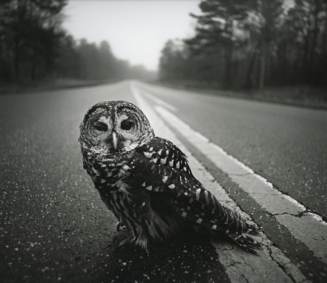 Arthur Tress, Owl on Road, Big Thicket, Texas, 1975