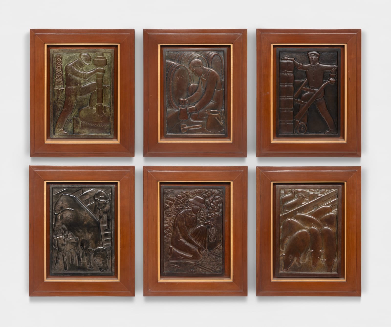 Jacques Schnier, Relief Panels for Elevator Doors, Helm Building, Fresno: Man Drilling for Oil, Man with Wine Kegs, Man with...