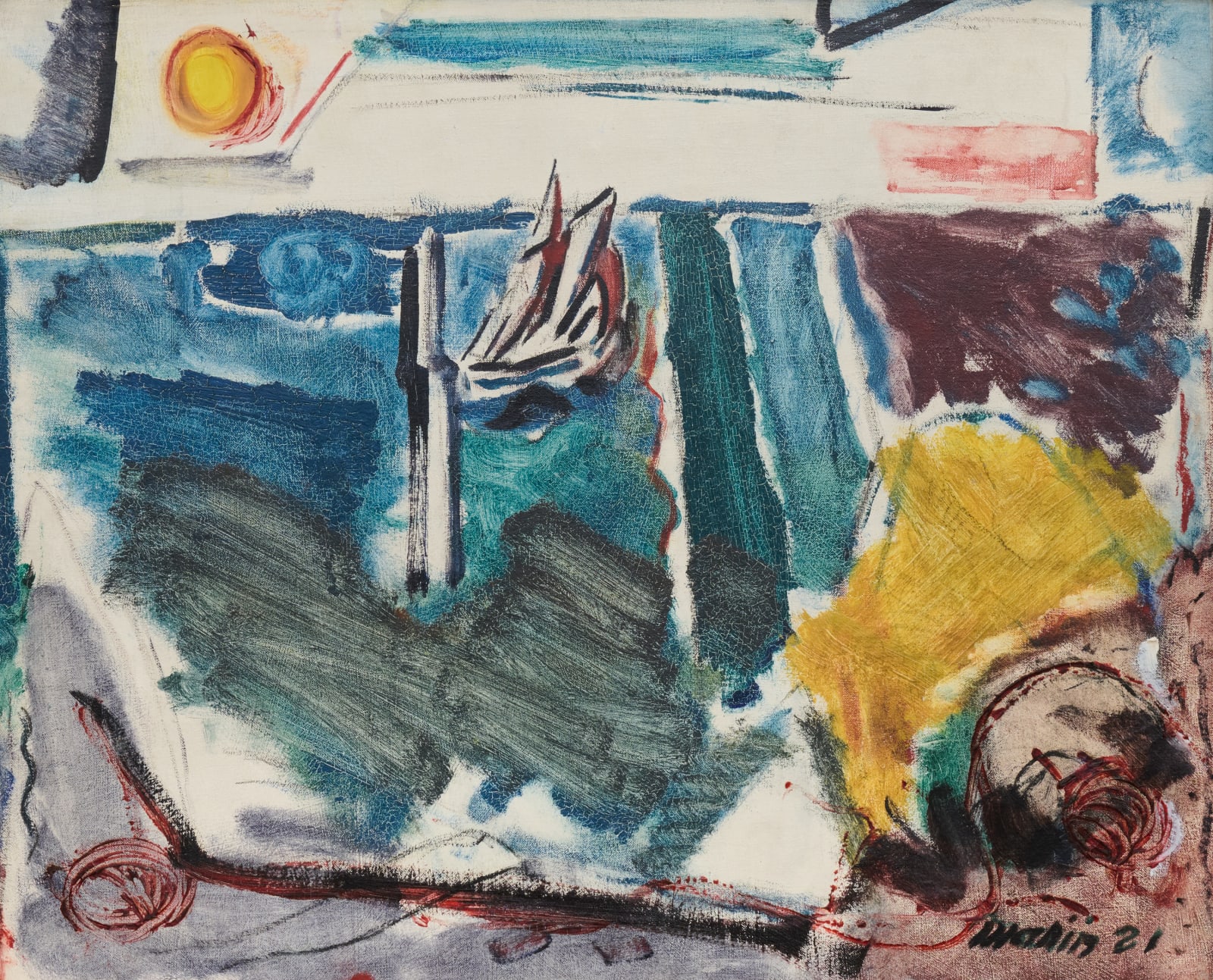 John Marin, Sailboat, Sea and Sun, 1921