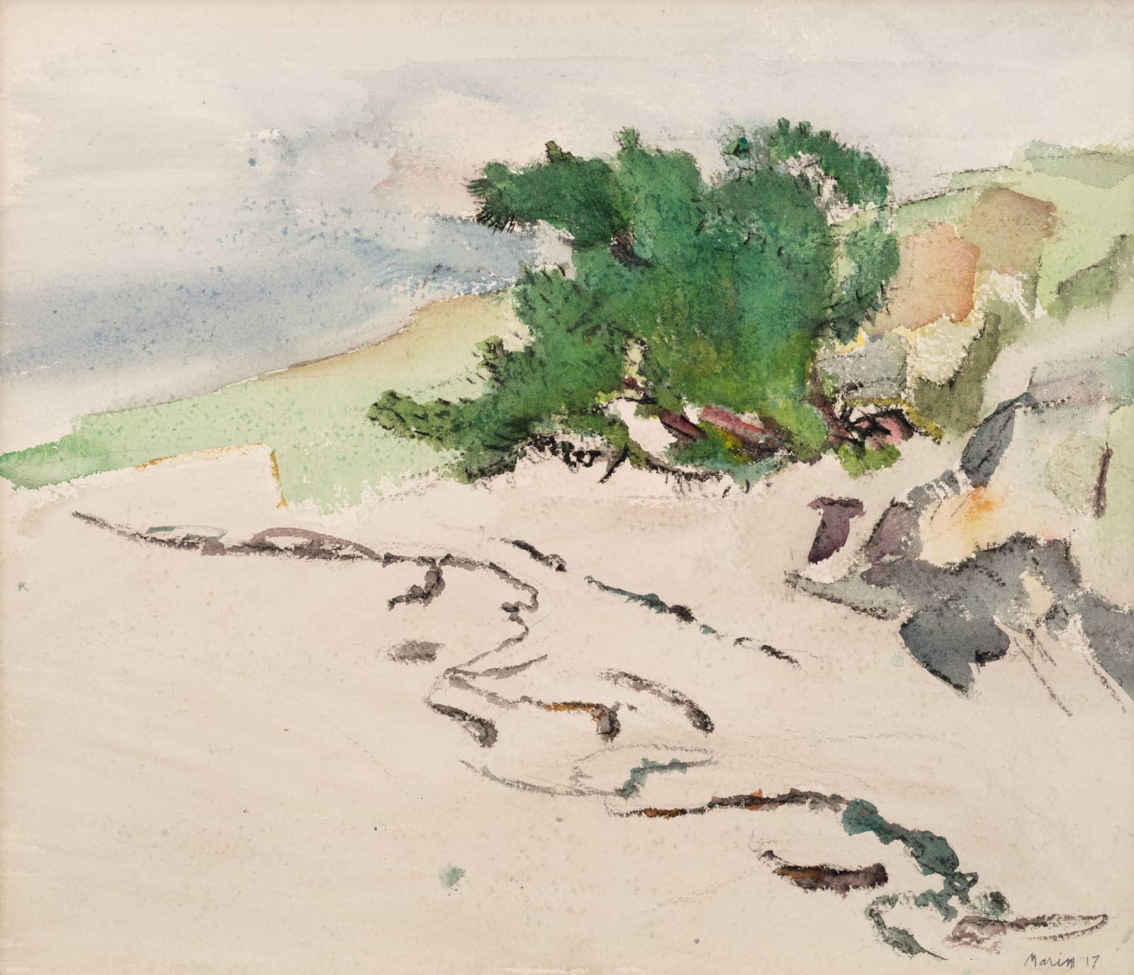 John Marin, Tree, Beach and Sea, Small Point, Maine, 1917
