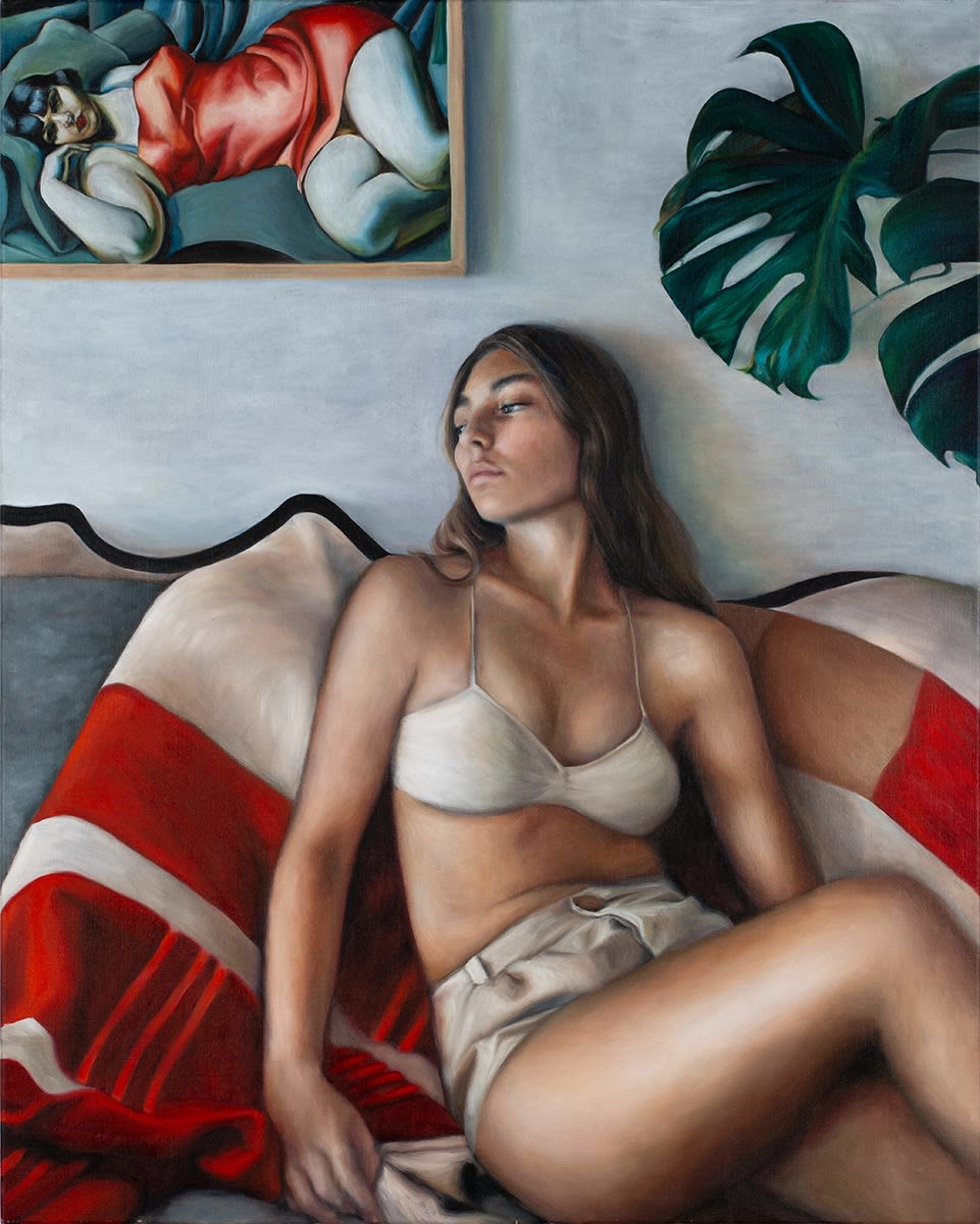 Nicola Higgins, Woman on blanket with Tamara de Lempicka, 2024