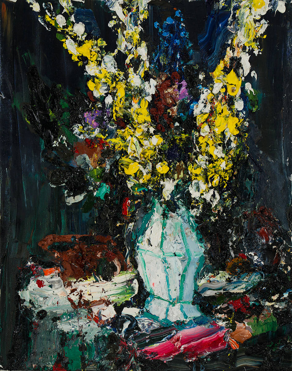 Paul Ryan, Green and white vase, yellow rocket blossom, 2024