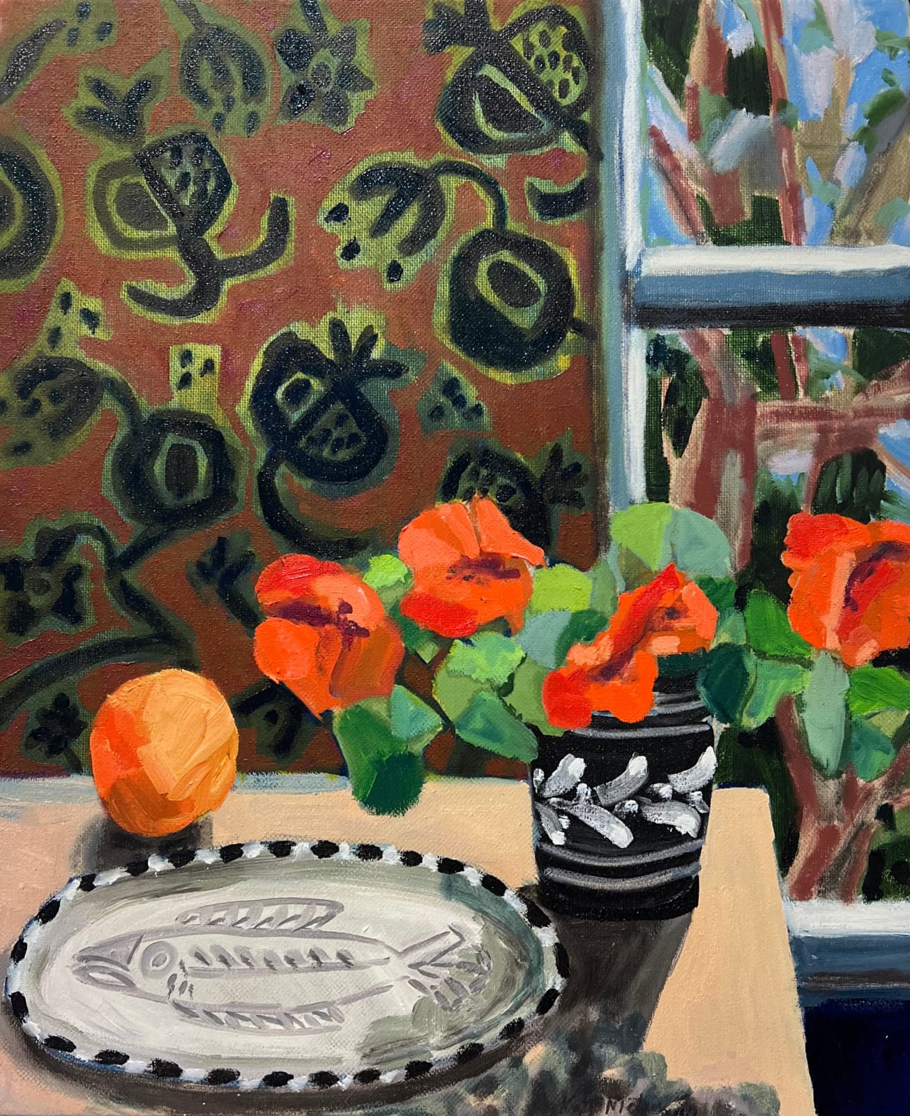 Kate Nielsen, Fish Platter with passionfrut wallpaper, 2023