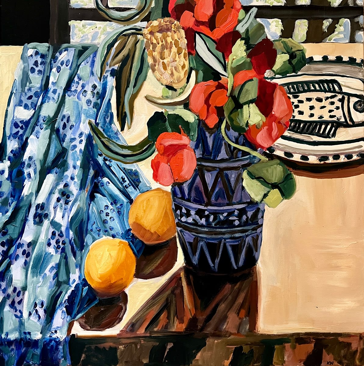 Kate Nielsen, Oranges with Patterned Cloth and Floral Arrangement , 2022
