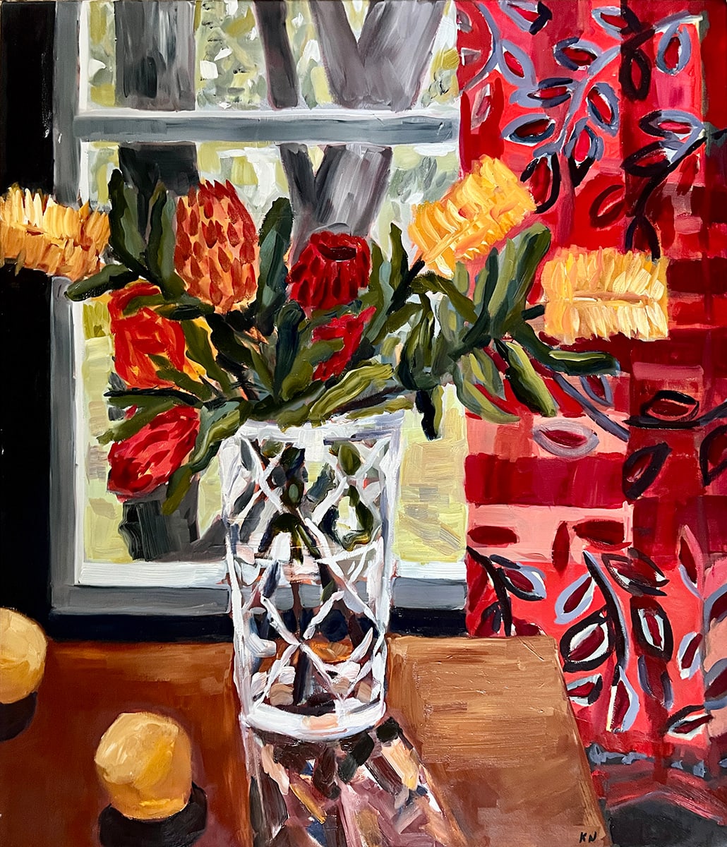 Kate Nielsen, Bottle Brush with Patterned Curtain , 2022