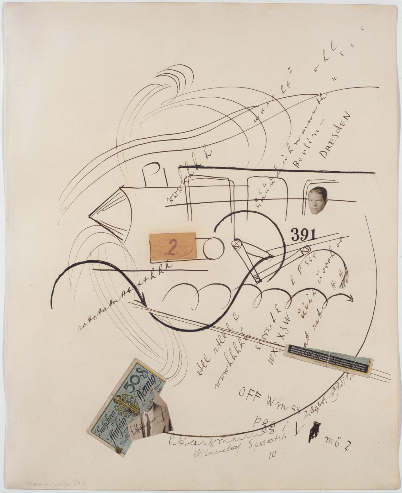 Raoul Hausmann 391 Berlin-Dresden collage et dessin à l'encre de Chine sur papier 43 x 35 cm 16 7/8 by 13 3/4 in.