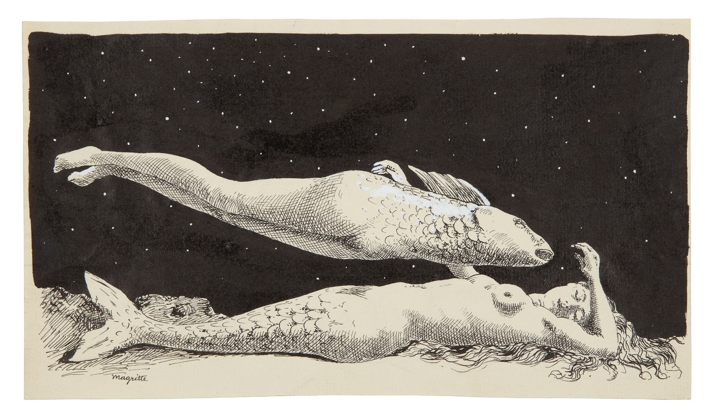 René Magritte Le rêve de l'androgyne encre et gouache blanche 15,5 x 27 cm 36 1/4 by 28 3/4 in.