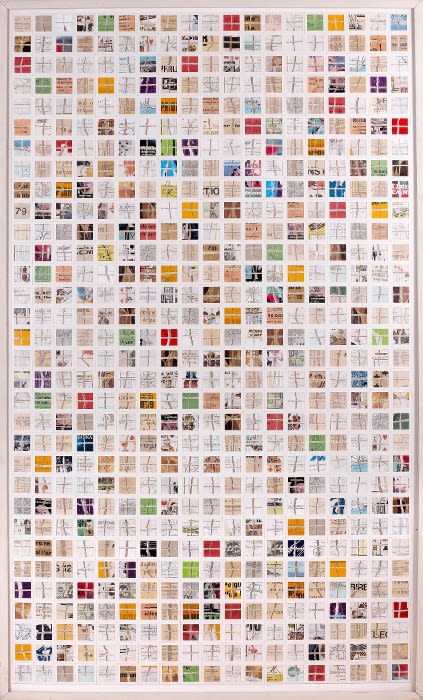 Gil Joseph Wolman Les derniers jours de décembre assemblage de papiers séparés en deux, textes imprimés et cartons de diapositives sur film plastique transparent 164 x 98 cm(disponible) 164 x 98 cm (available)