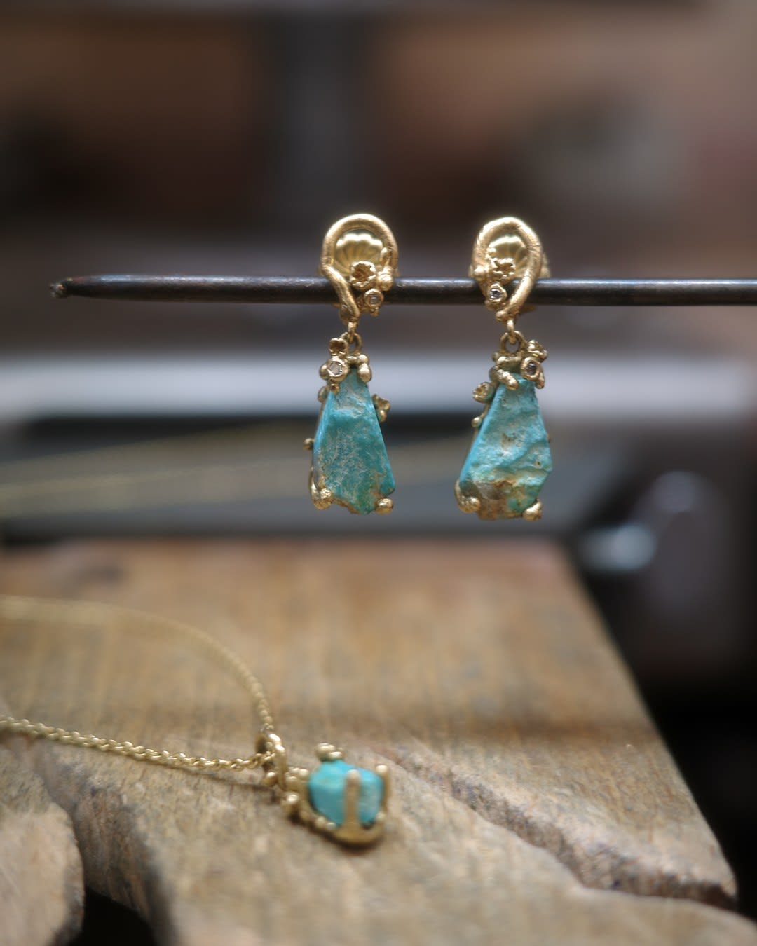 Ruth Tomlinson, Raw Cornish Turquoise and Diamond Encrusted Drop Earrings, 2025