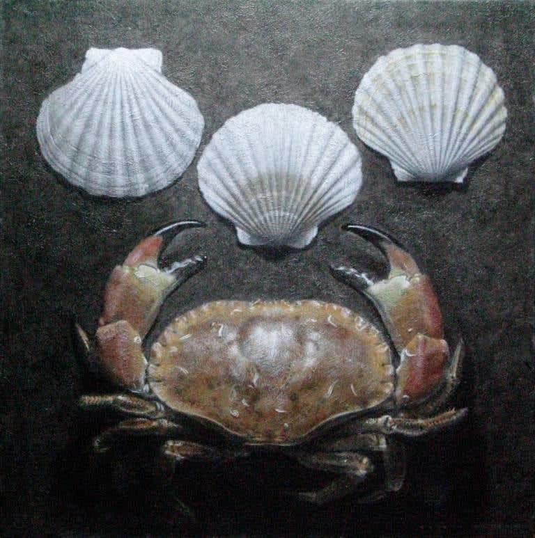 Robert Pittam, Crab and Three Scallop Shells, 2025
