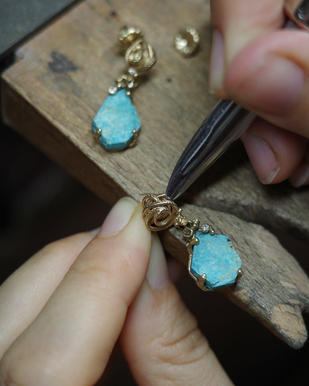 Ruth Tomlinson, Raw Cornish Turquoise and Grey Diamond Drop Earrings, 2025