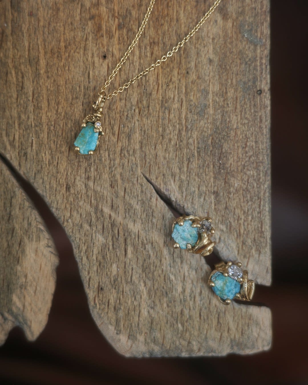Ruth Tomlinson, Raw Cornish Turquoise and Grey Diamond Encrusted Stud Earrings, 2025