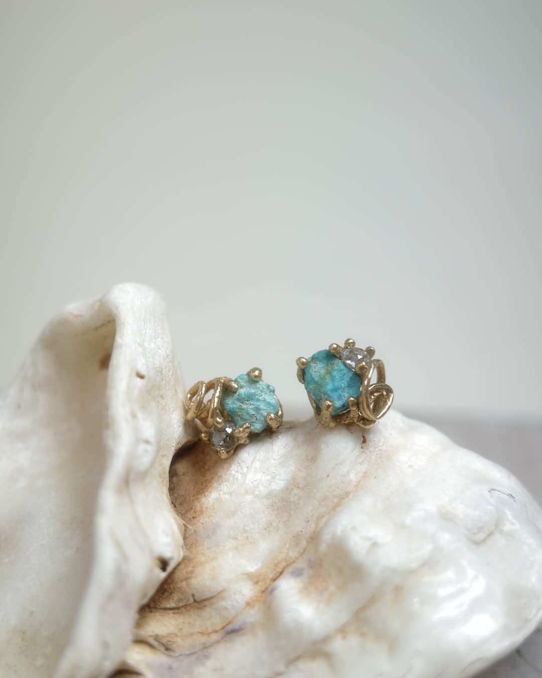 Ruth Tomlinson, Raw Cornish Turquoise and Grey Diamond Encrusted Stud Earrings, 2025