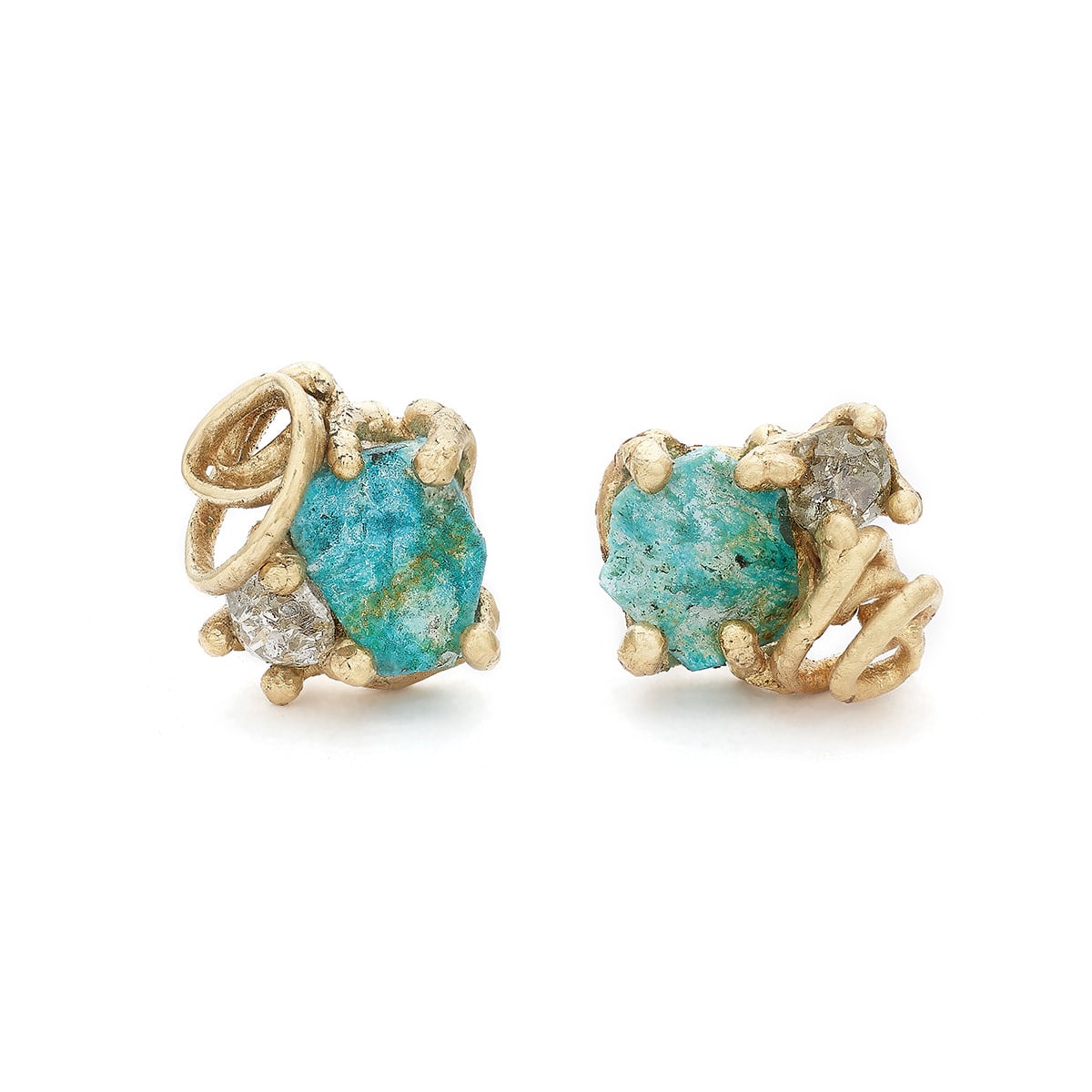 Ruth Tomlinson, Raw Cornish Turquoise and Grey Diamond Encrusted Stud Earrings, 2025