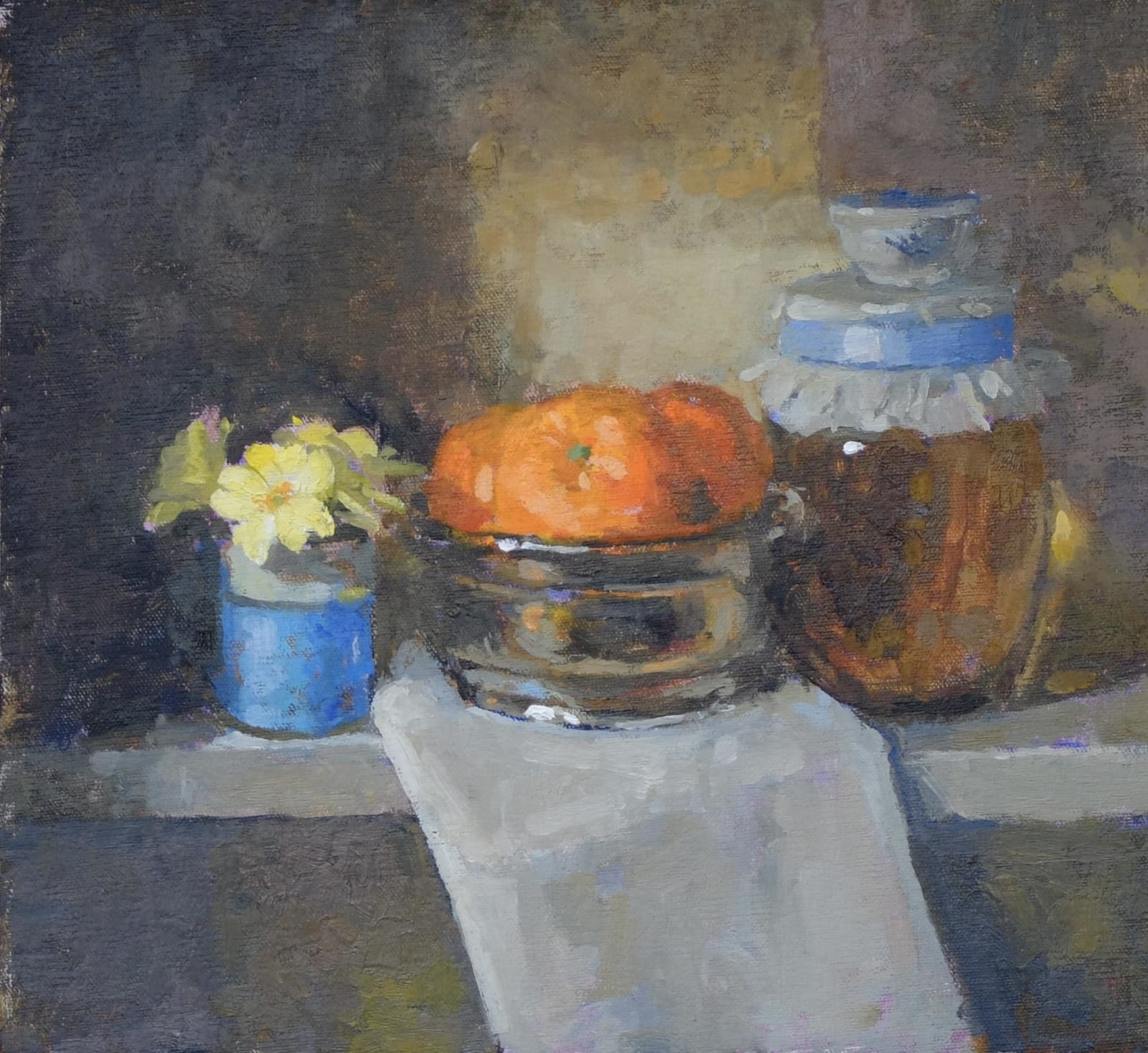 Pamela Kay, Primroses, Clementines and Honey on a Shelf