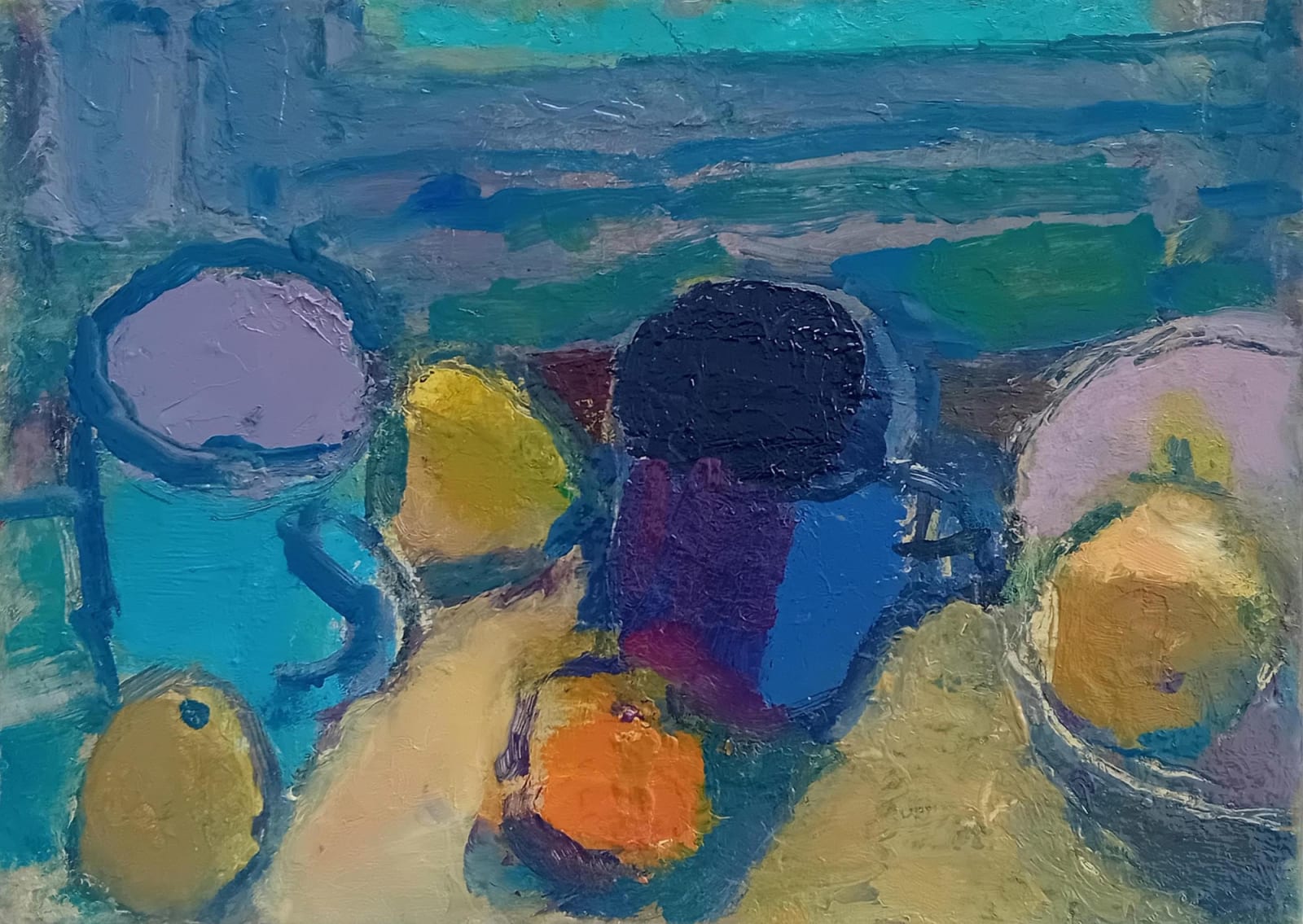 Michael Weller, Blue Mugs and Pink Bowl with Pears and a Tangerine
