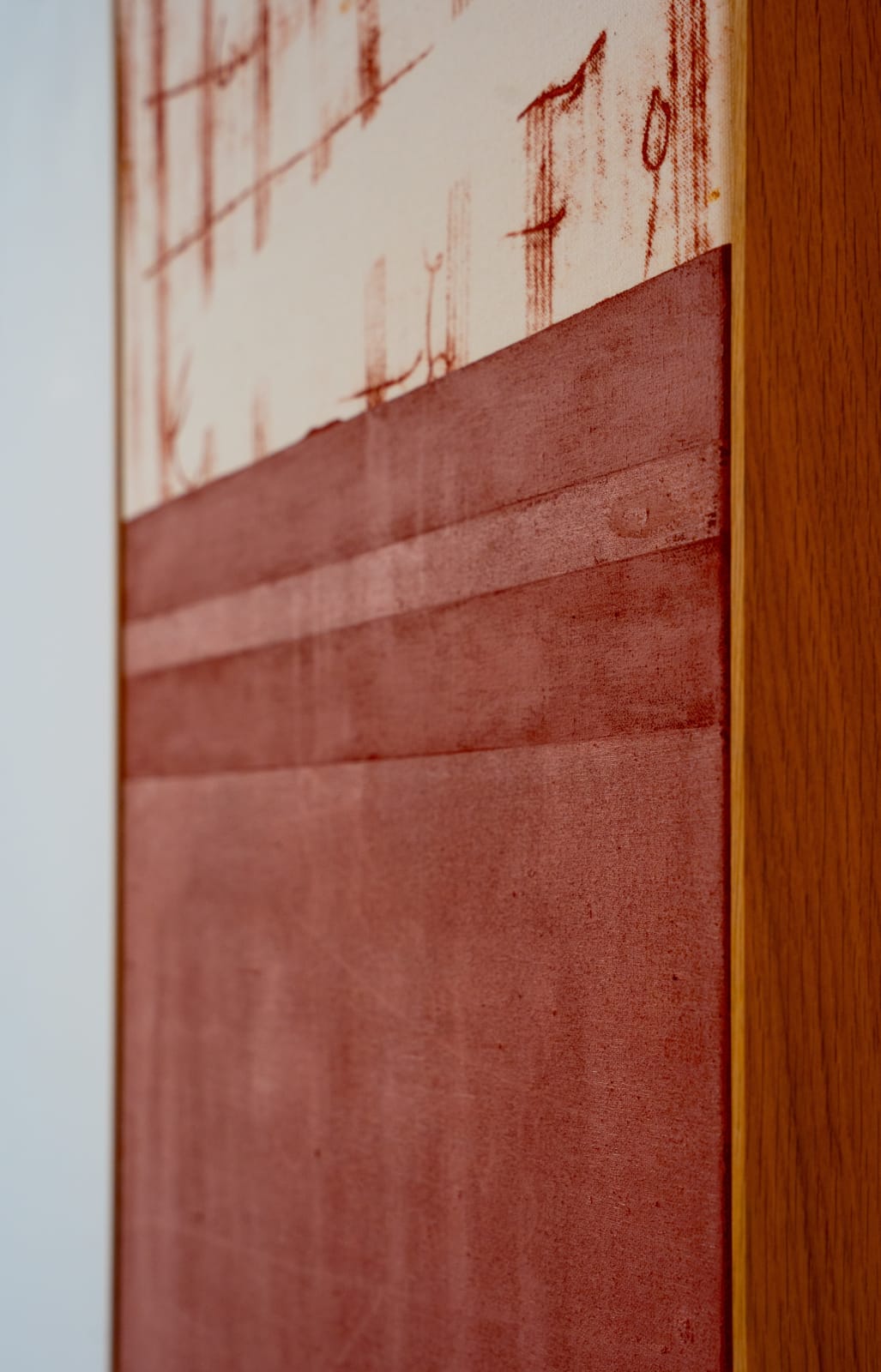 Søren Sejr, Composition Red. Scribble lines top, one line oil stick, one block oil stick bottom, 2025