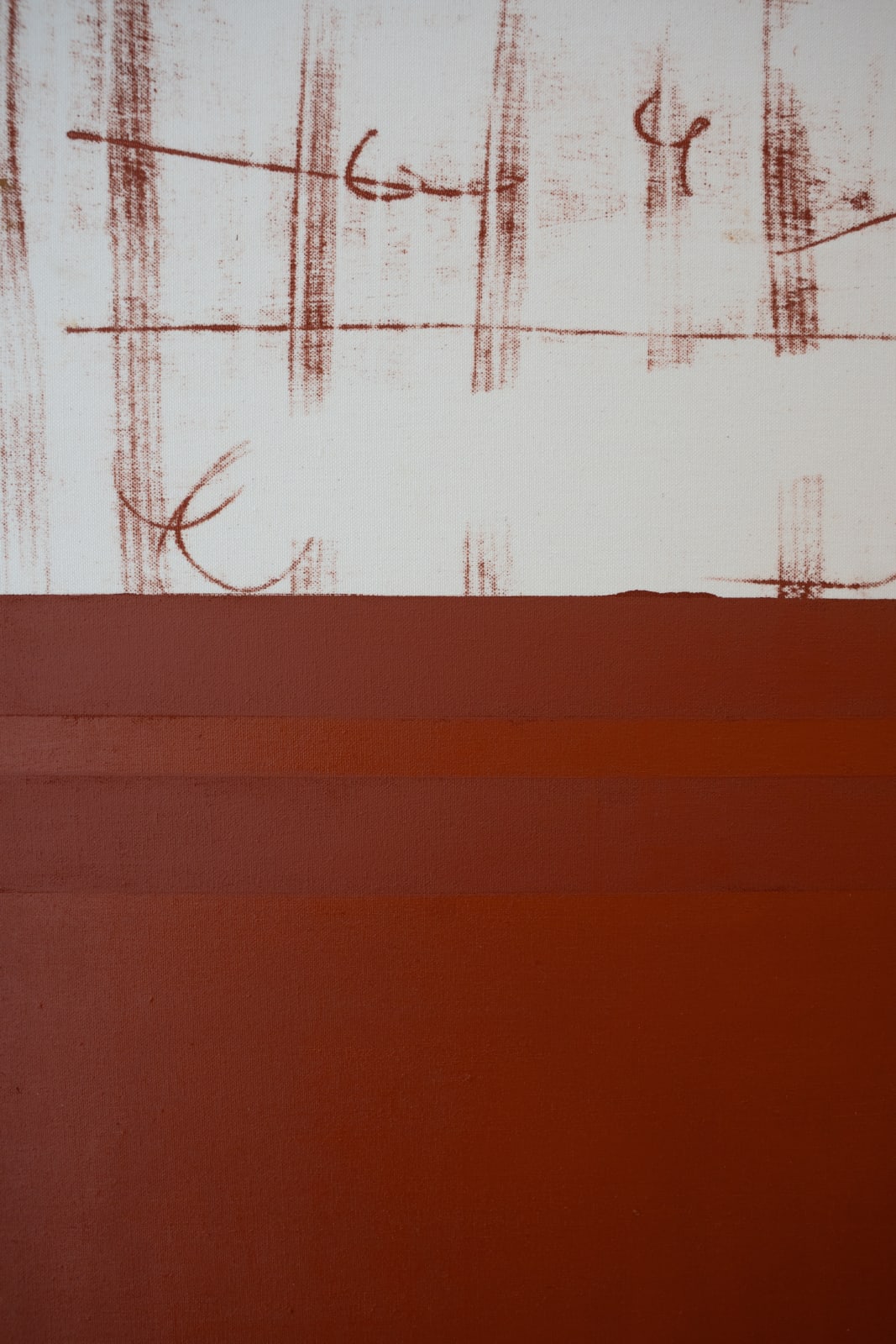 Søren Sejr, Composition Red. Scribble lines top, one line oil stick, one block oil stick bottom, 2025