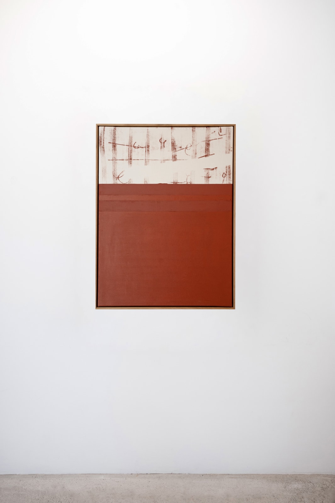 Søren Sejr, Composition Red. Scribble lines top, one line oil stick, one block oil stick bottom, 2025