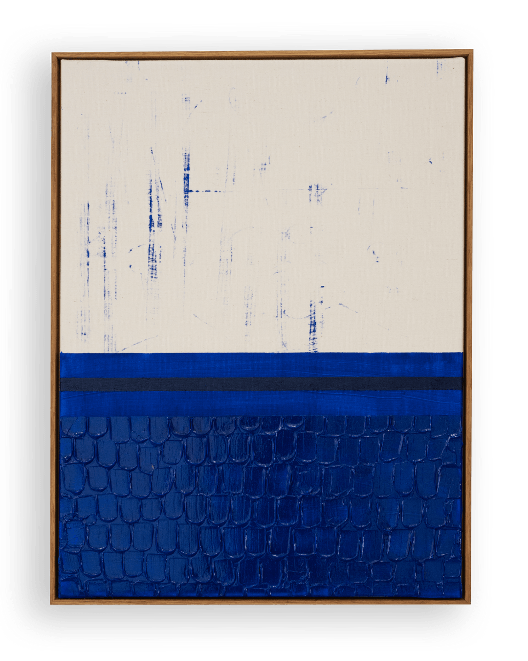 Søren Sejr, Composition Blue. Vanished scribble, one line oil stick, one block tiles bottom, 2025